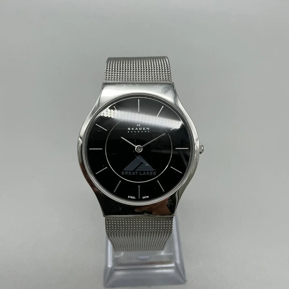 Skagen Mens Watch 34mm Black Dial Great Lakes Logo Mesh Stainless New Battery